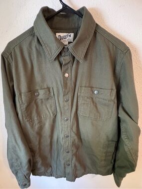 Duluth Trading Co Fire Hose Plaid Flannel Lined Shacket Shirt Jacket Green M